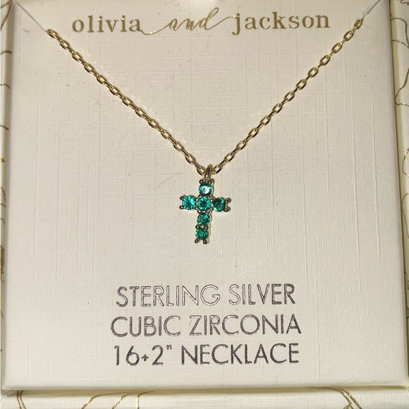 BNIB Olivia and Jackson Sterling Silver Gold Cross Necklace with Green Cubic - Picture 1 of 3